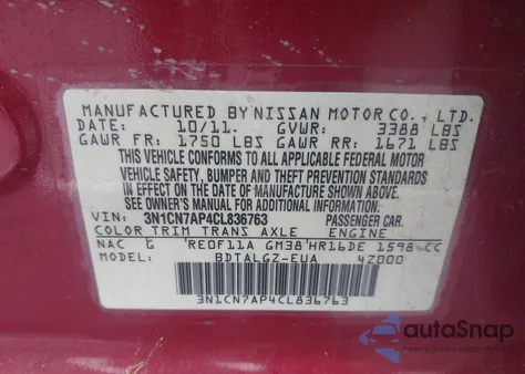 2012 Nissan Versa 1.6 Sl z USA, uszkodzony, nr VIN 3N1CN7AP4CL836763